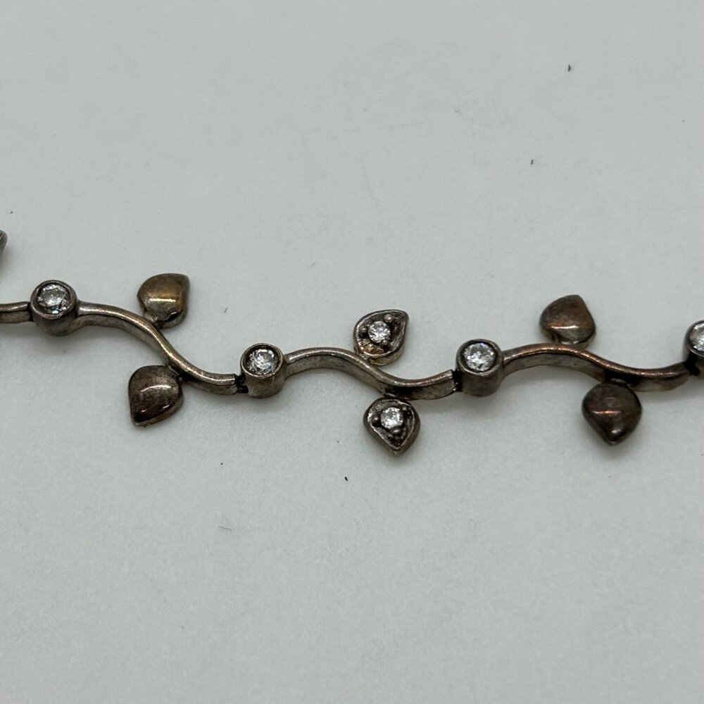 Sterling Silver Vintage Floral S-Link Bracelet 7.81 Grams With Rhinestones 1990s - Picture 5 of 16